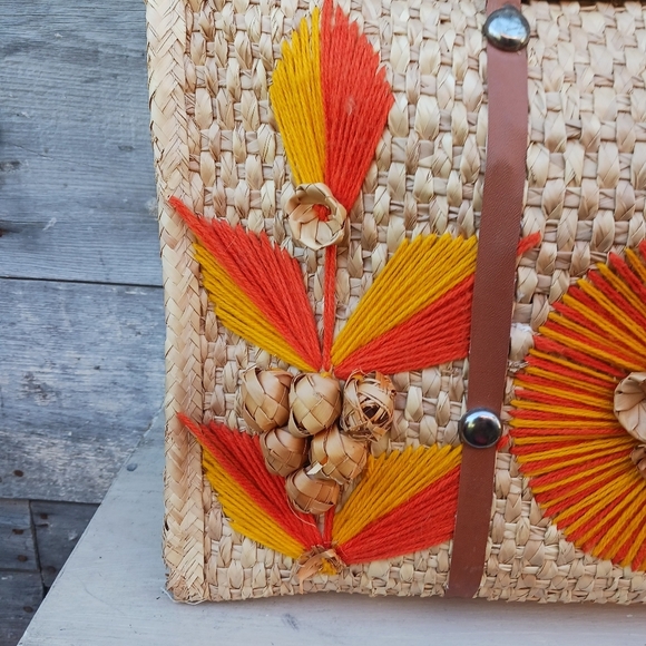 Acapulco Mexico Vintage Woven Rattan Large Beach Bag Tote 3D Flowers Orange/Red - Picture 2 of 13